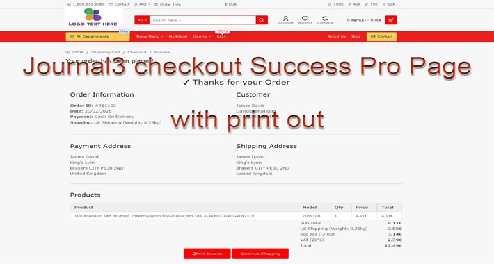 Opencart 3.0 default & Journal3 theme, checkout-Success Page