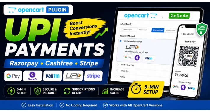 OpenCart UPI Payment Gateway – Razorpay, Cashfree, Stripe