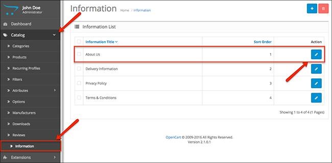 OpenCart admin area example