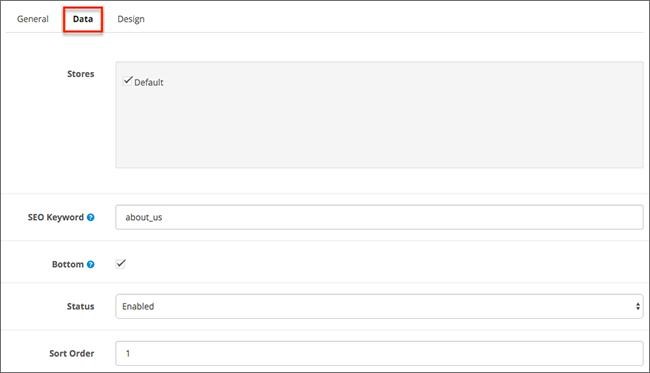 Data tab of the OpenCart information page