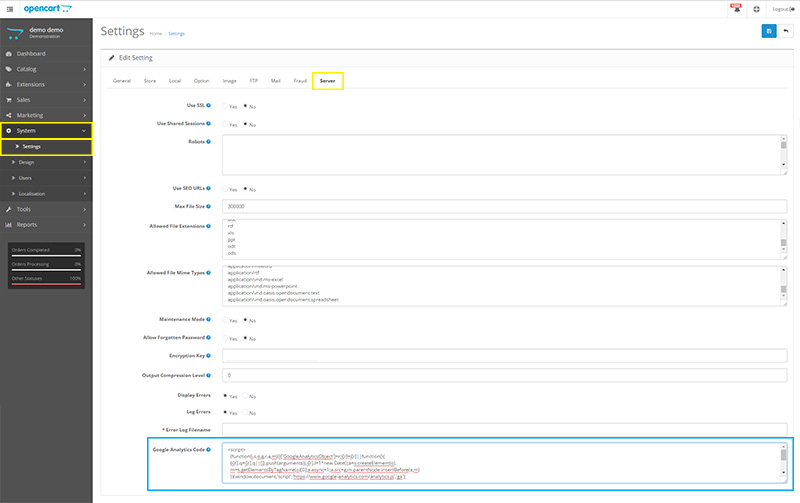 Add the Google Analytics code in your OpenCart settings