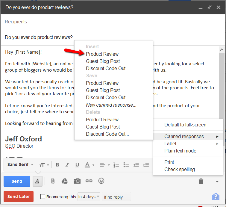 Canned response outreach tool example