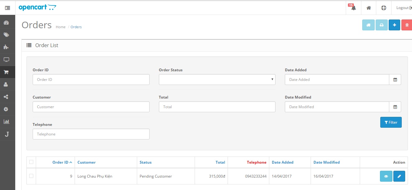 opencart-search-and-show-telephone-order-list