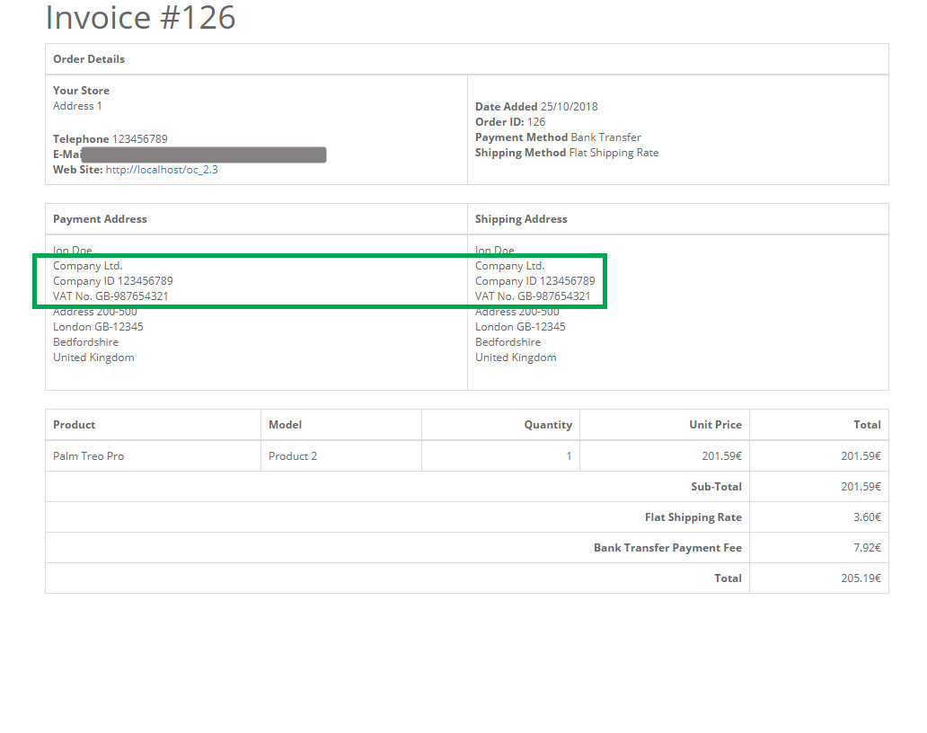 OpenCart Company ID And VAT No To Invoice