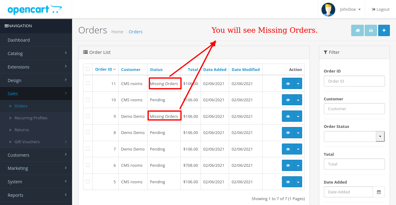 OpenCart - Display Missing Orders