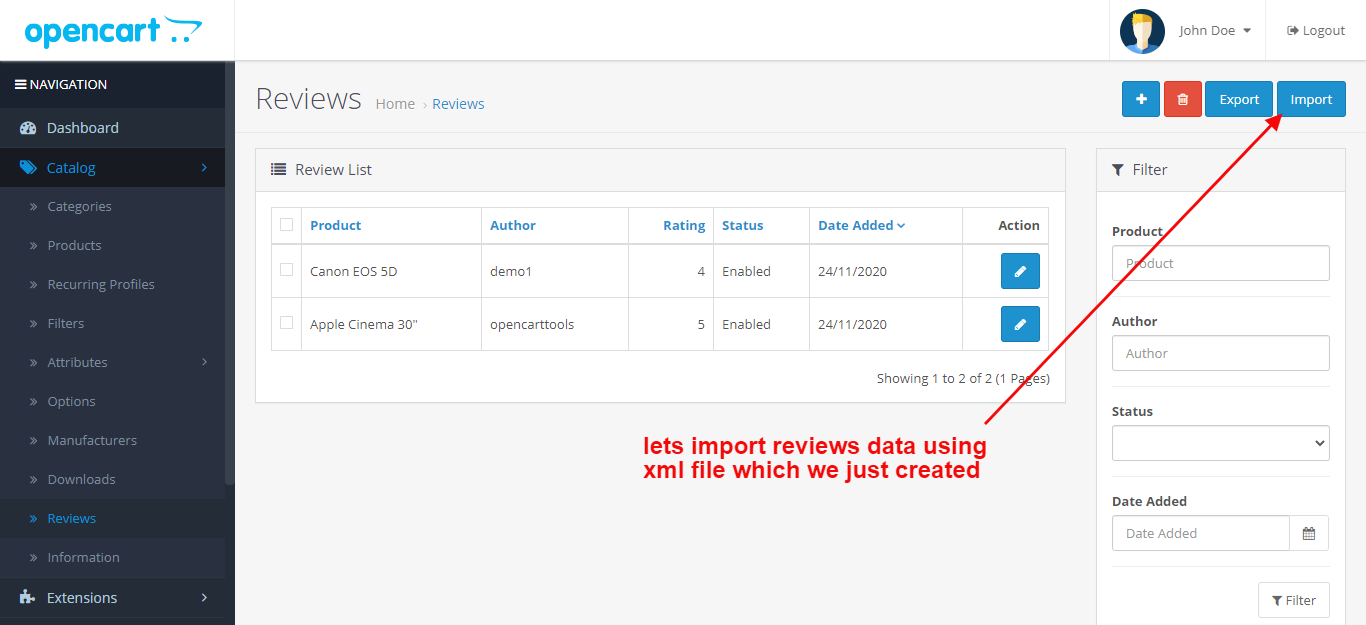 OpenCart - Reviews Import-Export