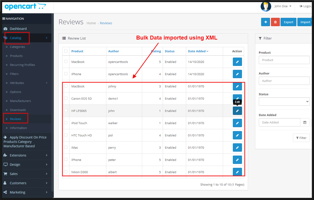 OpenCart - Bulk Reviews Import-Update-Export