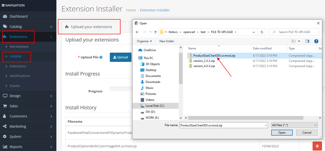OpenCart Product Size Chart
