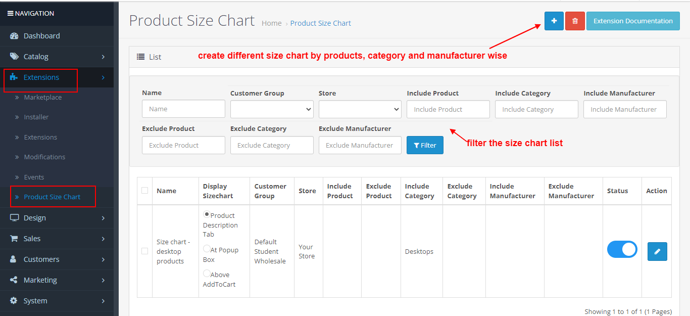 OpenCart Product Size Chart