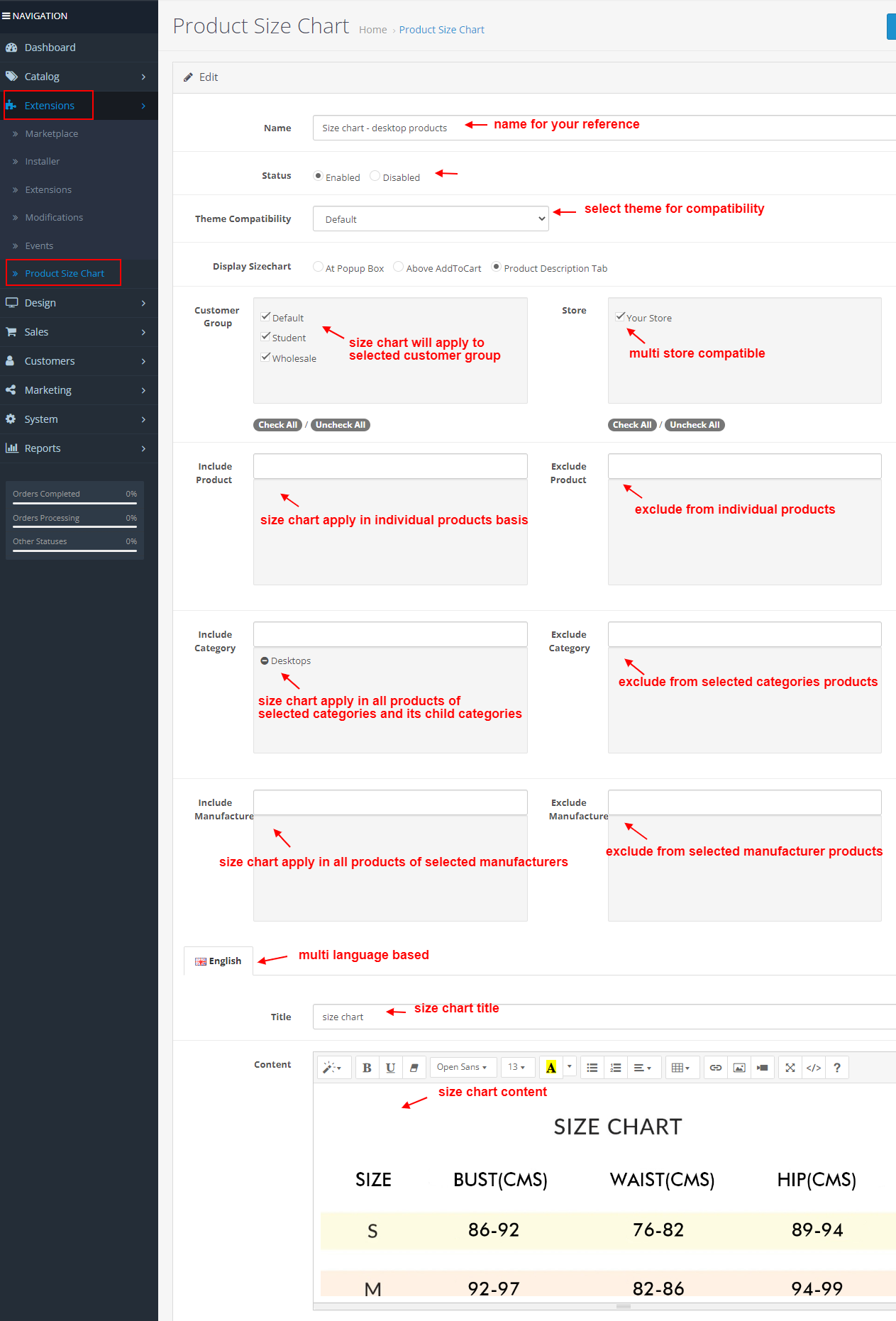 OpenCart Product Size Chart