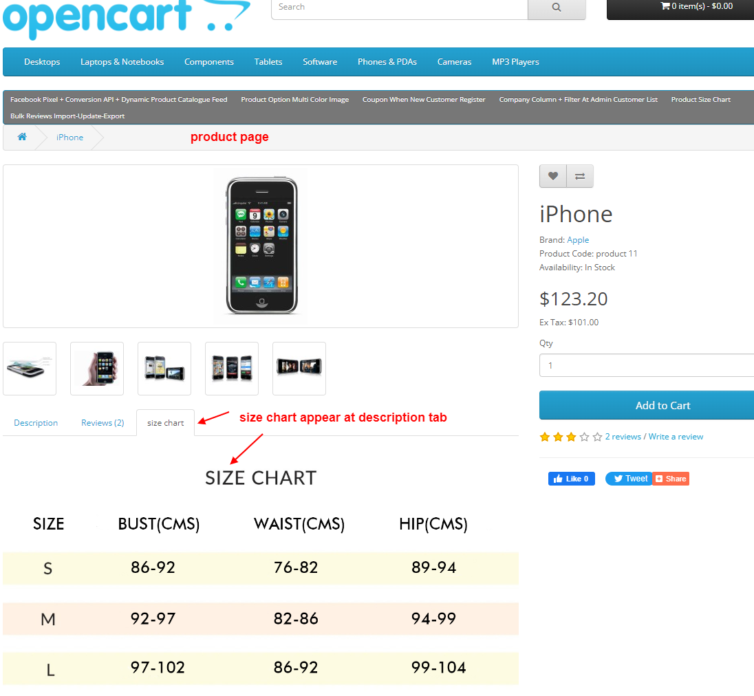 OpenCart Product Size Chart