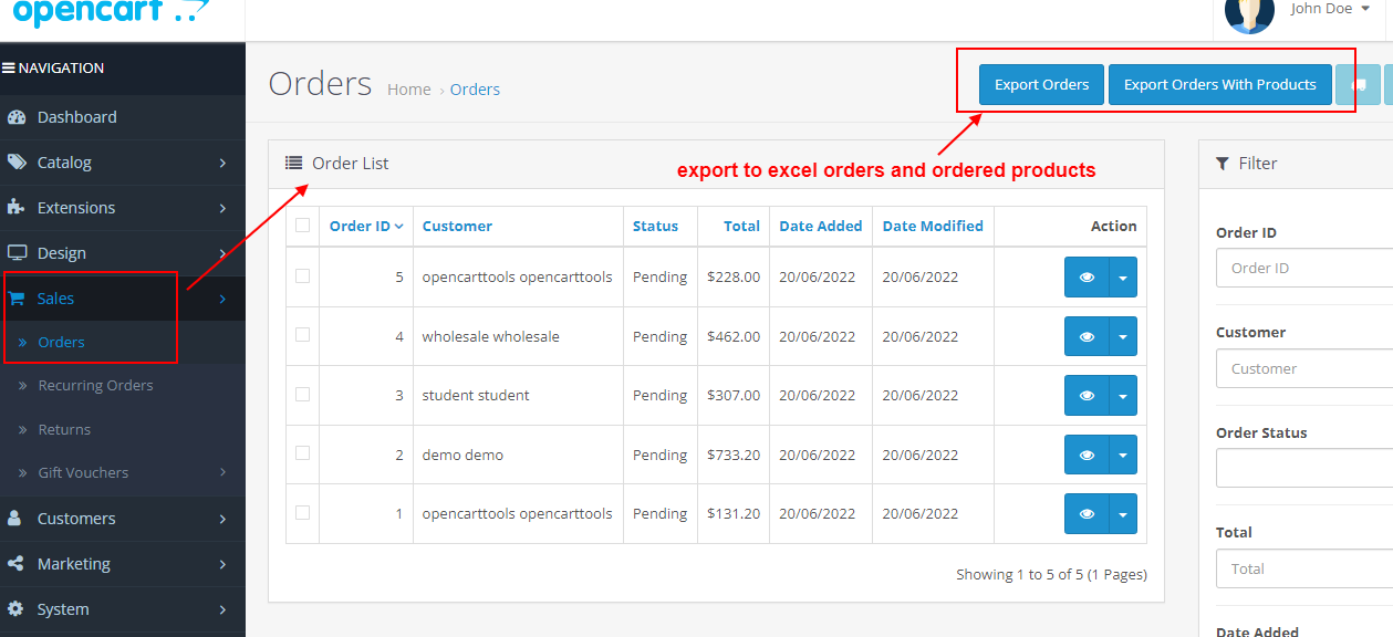 OpenCart - Export Excel Orders And Orders Products