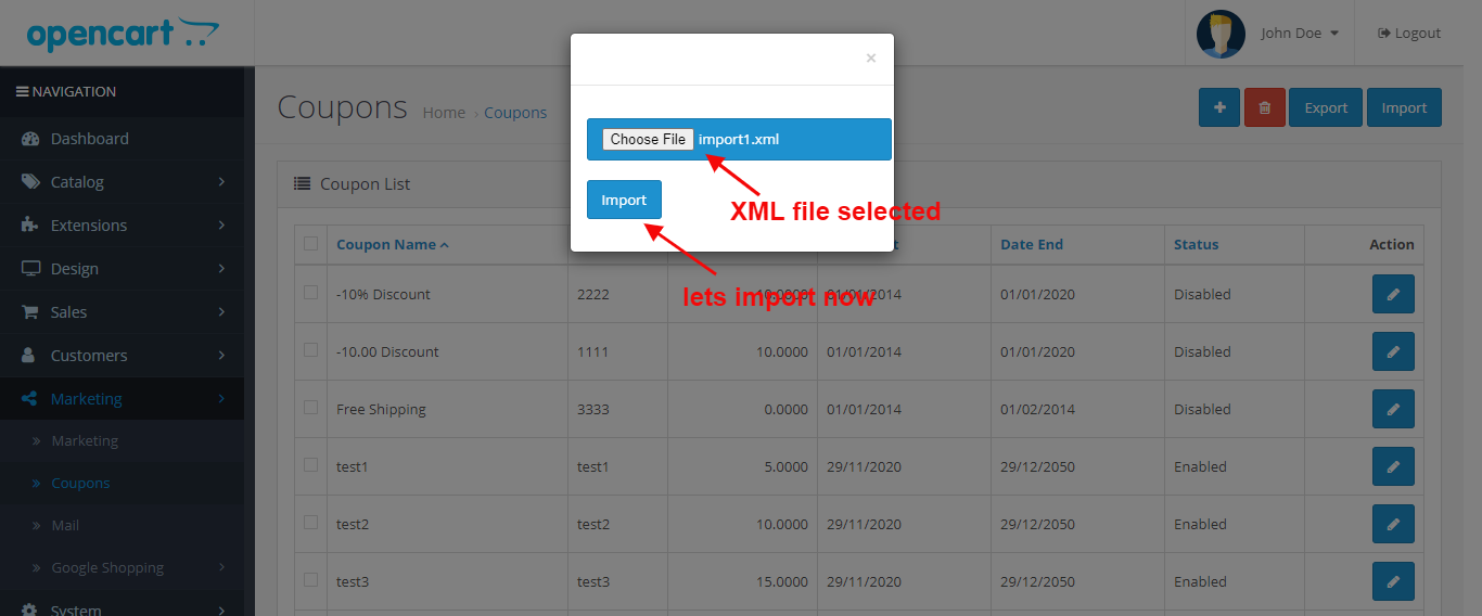 OpenCart - Coupons Import-Update-Export