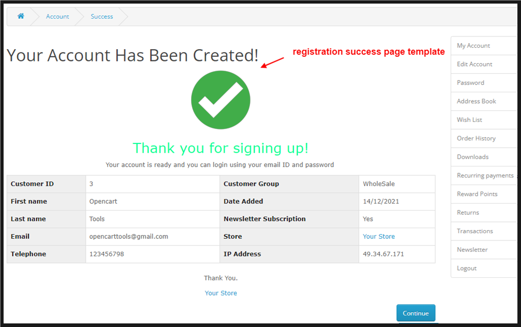 OpenCart Account Register Email And Success Page Template