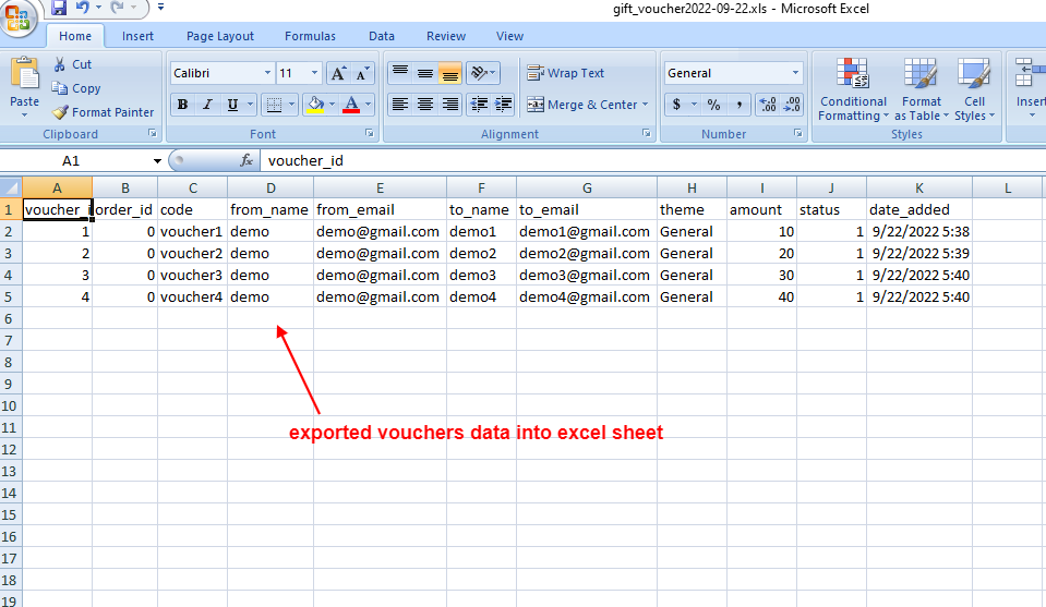 OpenCart - Export To Excel Gift Vouchers