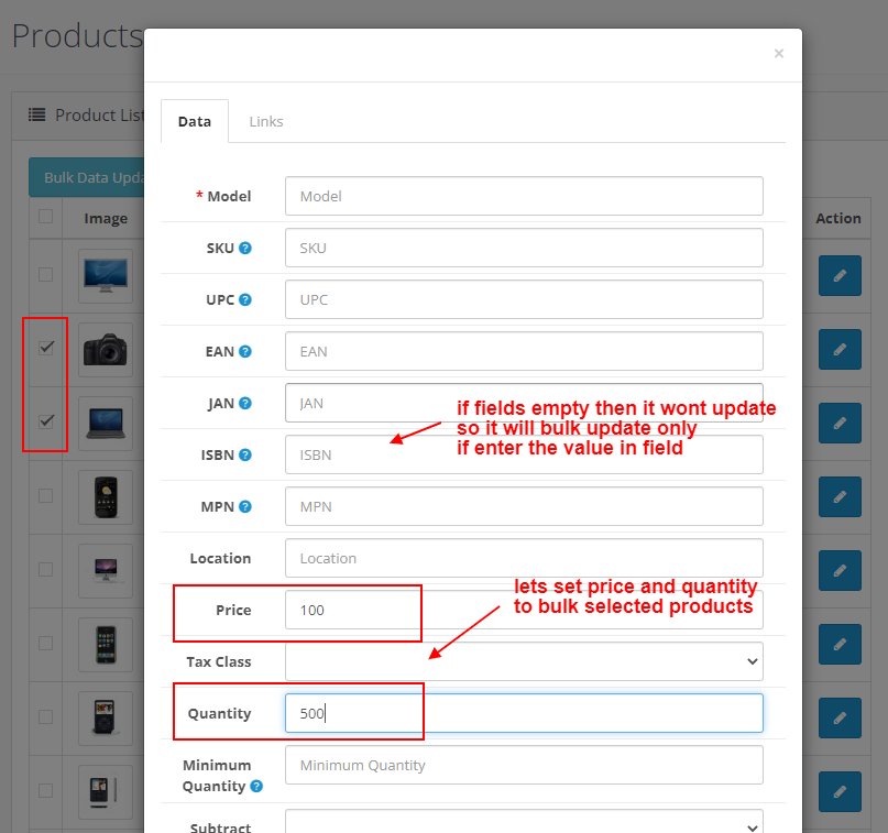 OpenCart - Admin Products Bulk Data Update