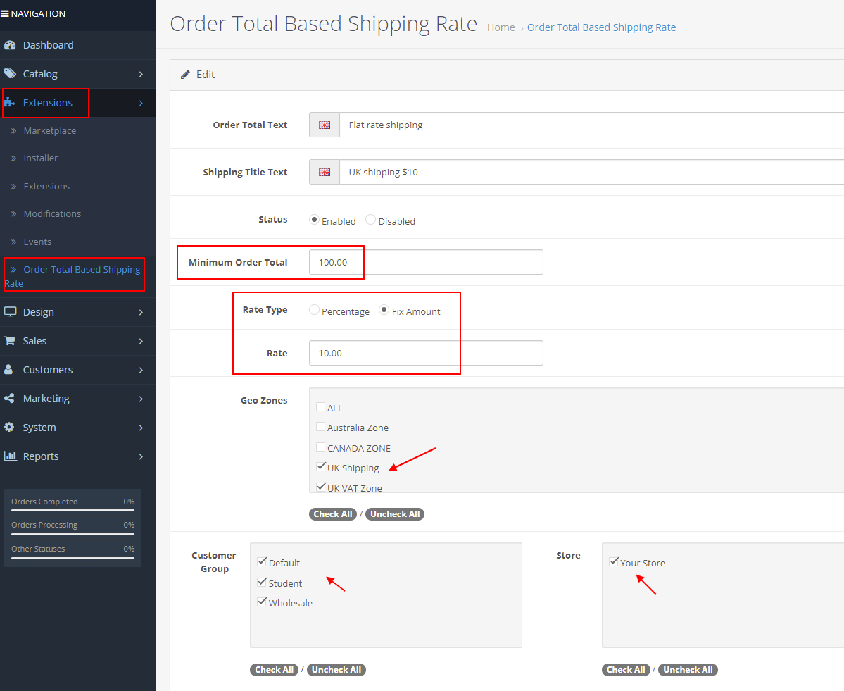 OpenCart Order Total Based Shipping Rate