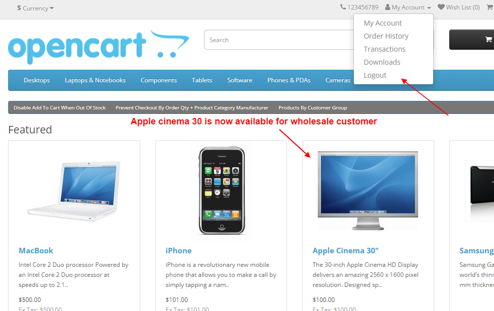 OpenCart Products By Customer Group