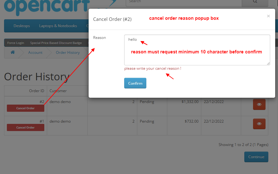 OpenCart - Cancel Order By Customer