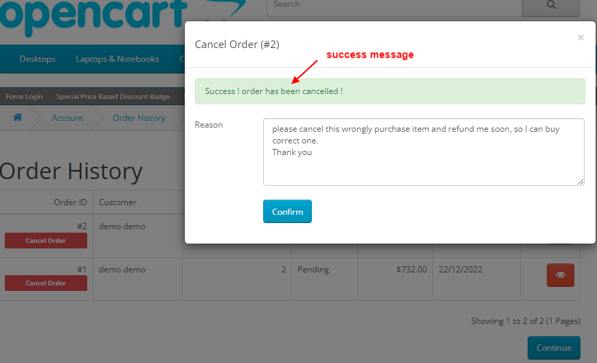 OpenCart - Cancel Order By Customer