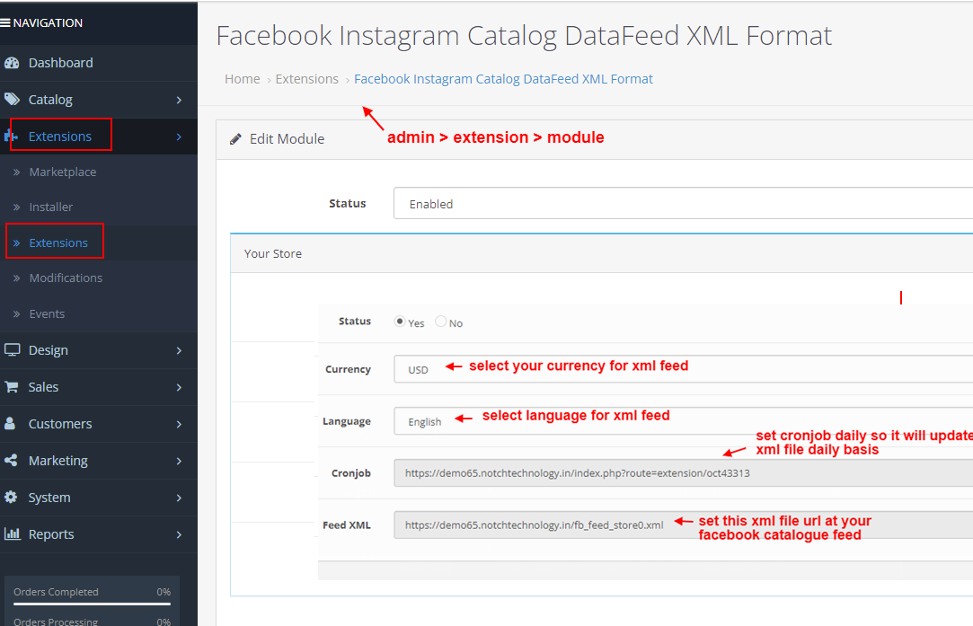 OpenCart Facebook Instagram Catalog DataFeed XML Format