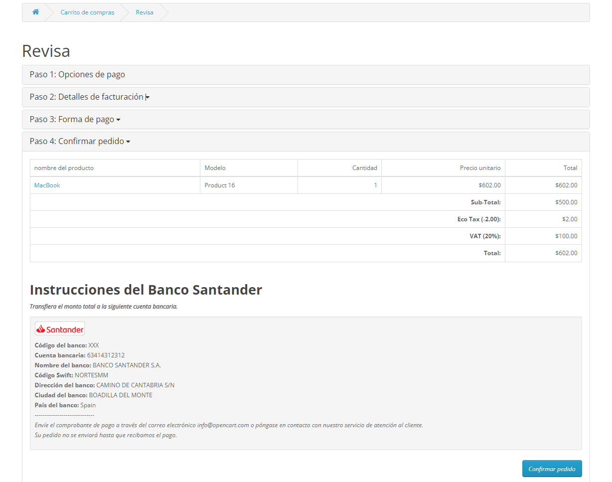 OpenCart - Santander Bank Transfer | Transferencia Bancaria Santander